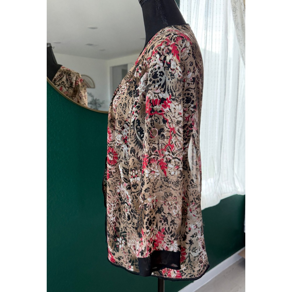 Chicos Red Black Paisley Floral Tie Front Sheer Cardigan Top Size 3 XL Office - Picture 2 of 7